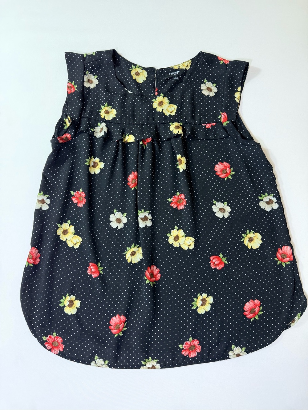 Premise Black Floral Polka Dot Sleeveless Dress with Red and Yellow Flowers Sz L